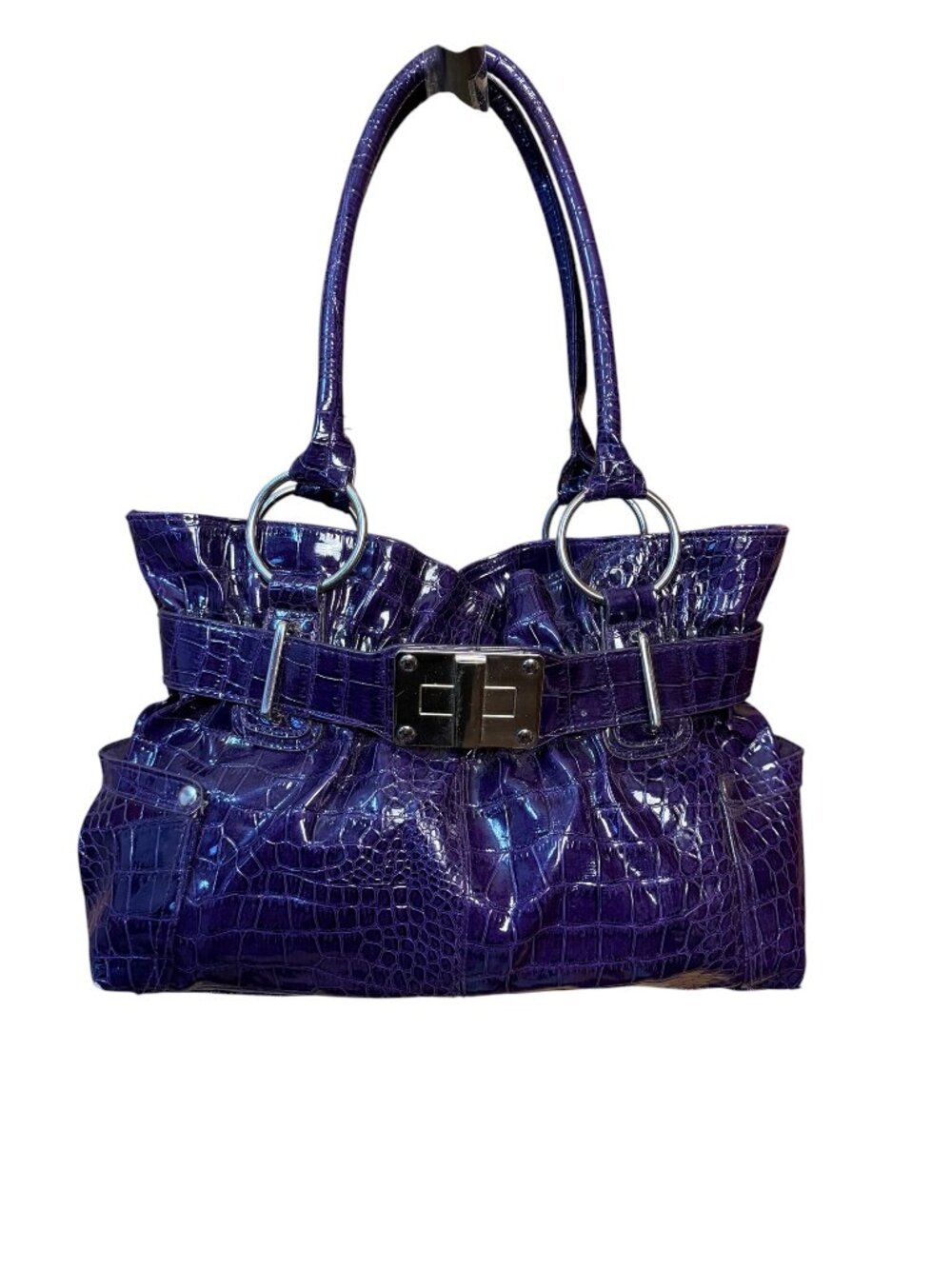 Vibrant Purple Snakeskin Embossed Shoulder Bag Silver Hardware Statement Purse